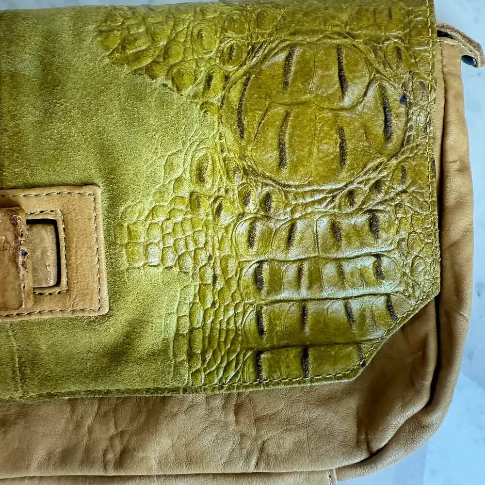 L.A.M.B. Embossed Leather Suede Clutch Bag Yellow Tan Lime Green Y2K